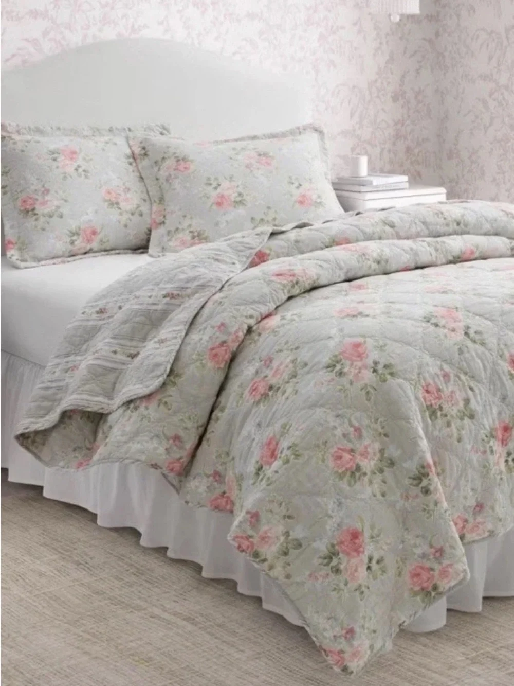 Laura Ashley ~ KING Melany Pink Rose Floral 3pc 100%Cotton Quilt Set Reversible